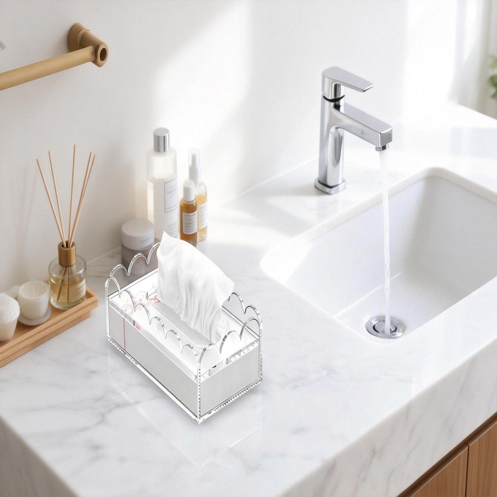 jimeng 2026 01 29 1036 参考图三，生成一张浴室场景图。一个透明的亚克力收纳盒放在洗手台上，里面放着纸巾，