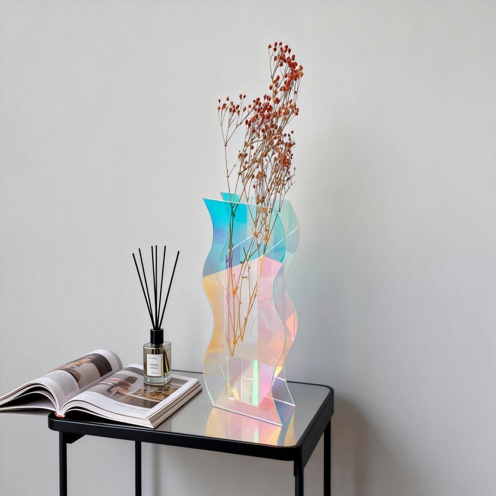 jimeng 2026 01 29 4092 参考图三，生成一张现代家居场景图。一个炫彩波浪形花瓶放在边几上，旁边有香薰和一本