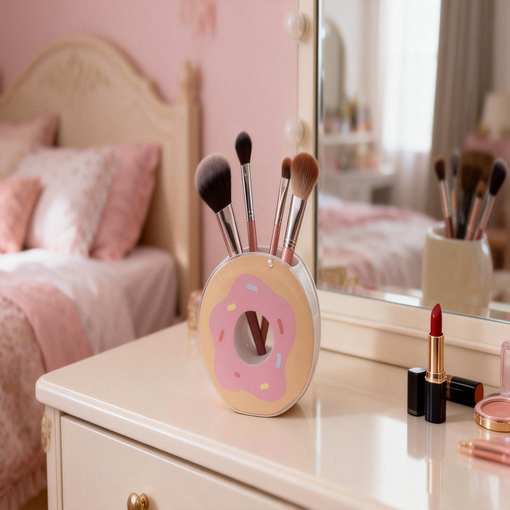 jimeng 2026 01 29 4464 参考图三，生成一张卧室梳妆台场景图。一个甜甜圈笔筒放在梳妆台上，里面插着几支化妆