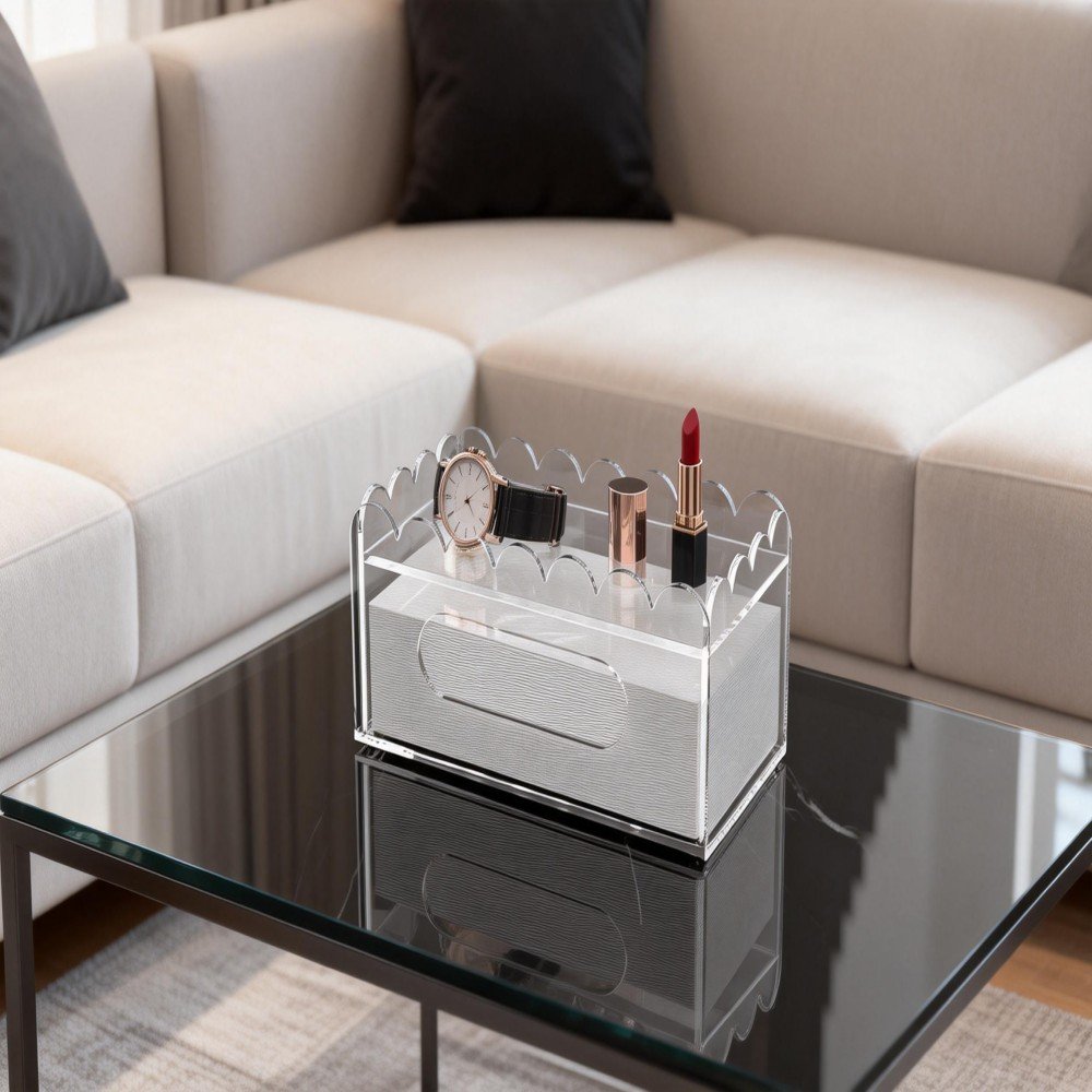 jimeng 2026 01 29 6135 参考图六，生成一张客厅场景图。一个透明的亚克力收纳盒放在茶几上，上面摆放着手表和