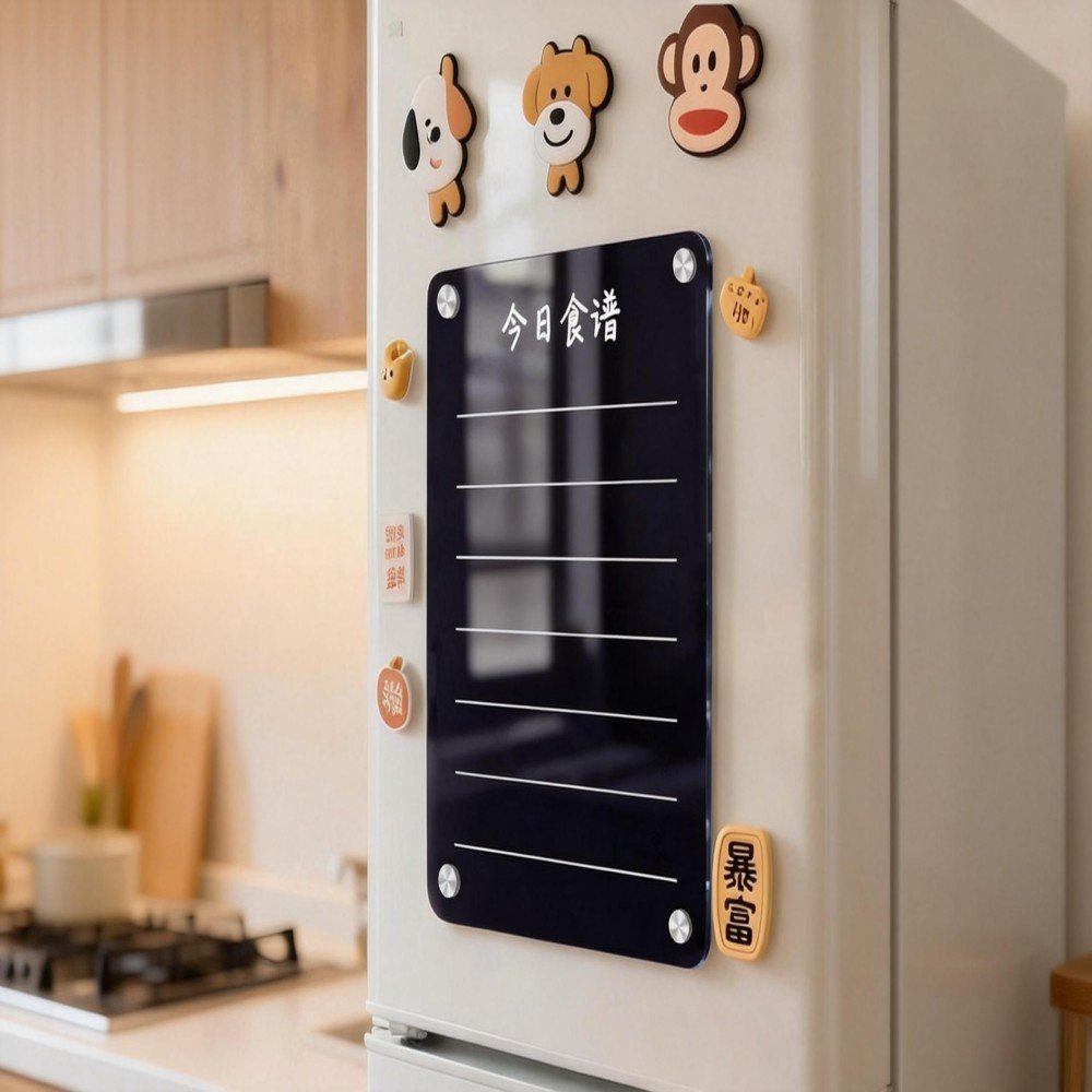 jimeng 2026 01 29 7667 参考图五，生成一张厨房场景图。一个黑色的亚克力留言板贴在冰箱上，上面用马克笔写着