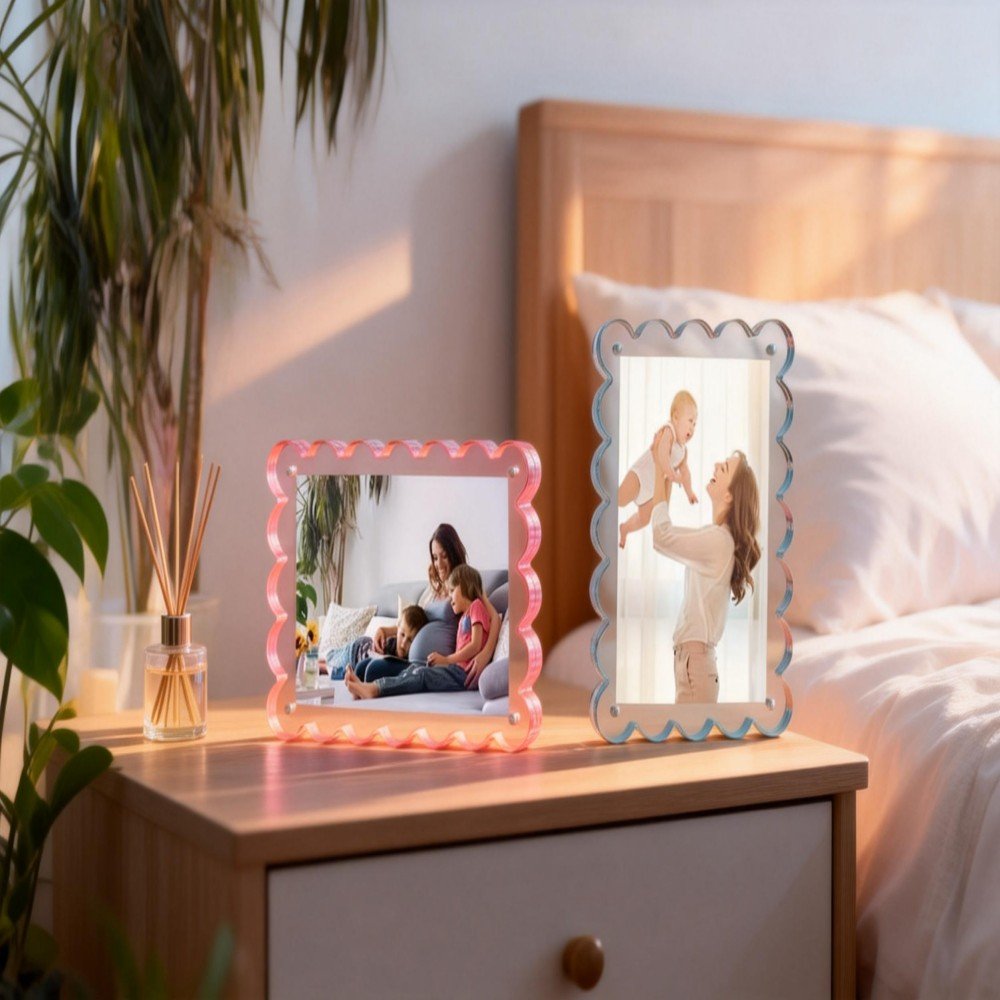 jimeng 2026 01 29 7873 参考图四，生成一张卧室场景图。将两个不同颜色的波浪边相框摆放在床头柜上，旁边有香