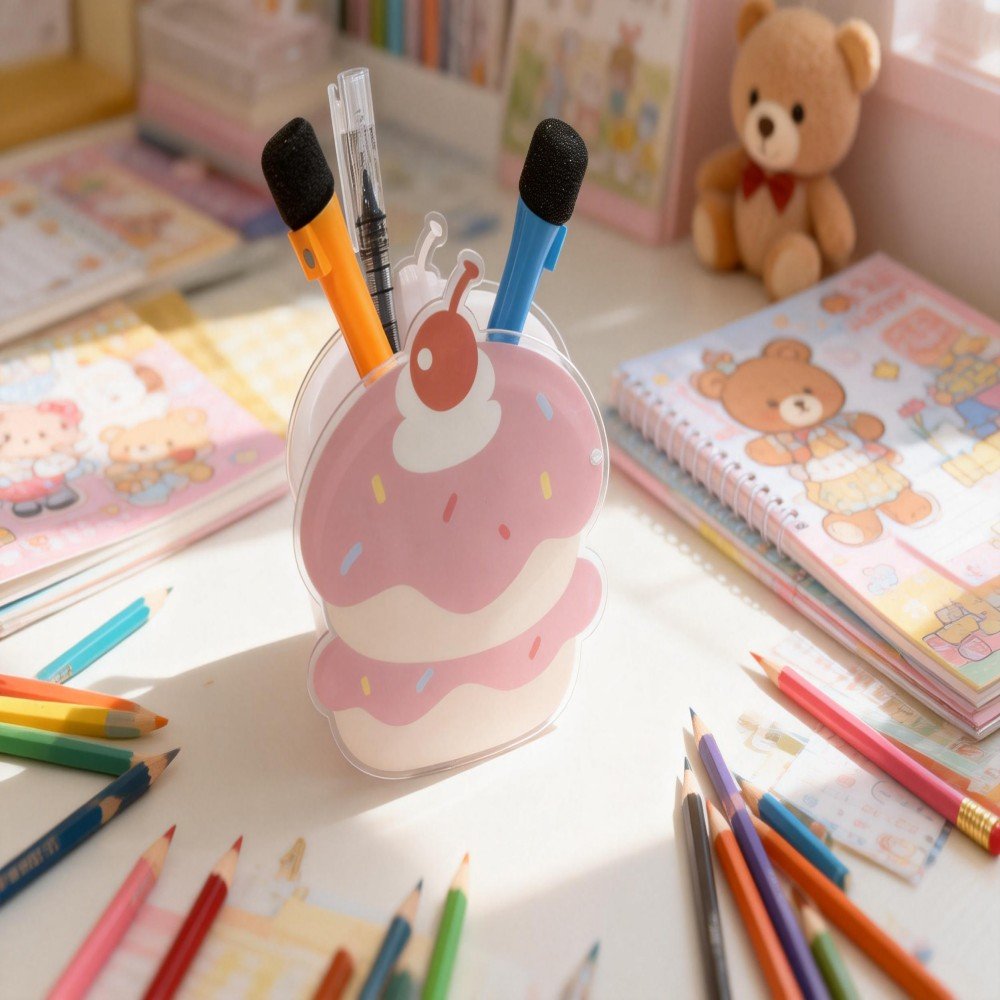 jimeng 2026 01 29 8906 参考图一，生成一张儿童书桌场景图。一个粉色蛋糕笔筒放在书桌上，旁边散落着彩色铅笔