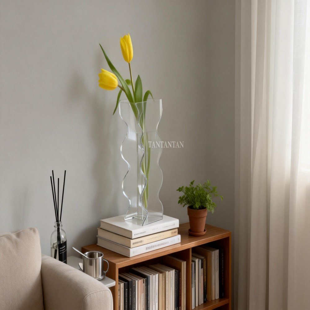 jimeng 2026 01 29 9345 参考图二，生成一张客厅场景图。一个透明波浪形花瓶放在书架上，旁边有几本书和一盆小